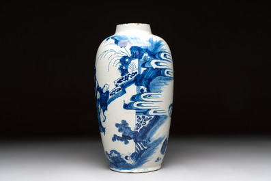 Two blue and white Dutch Delft chinoiserie vases, 17/18th C.