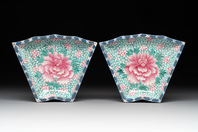 A rare Chinese enamelled Yixing stoneware nine-piece 'peonies' sweetmeat set, 19th C.
