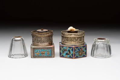 Two Chinese enamelled paktong opium pipes, an opium lamp and a cloisonn&eacute; opium lamp, 19/20th C.