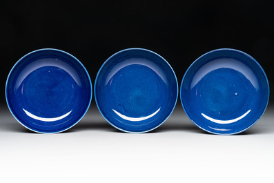 A set of six Chinese sacrificial blue-glazed saucers, Guangxu mark and of the period