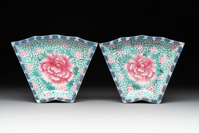 A rare Chinese enamelled Yixing stoneware nine-piece 'peonies' sweetmeat set, 19th C.