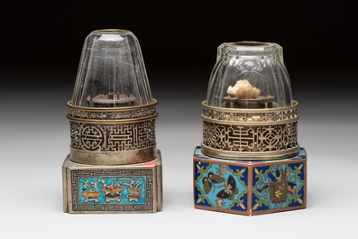 Two Chinese enamelled paktong opium pipes, an opium lamp and a cloisonn&eacute; opium lamp, 19/20th C.