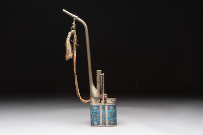 Two Chinese enamelled paktong opium pipes, an opium lamp and a cloisonn&eacute; opium lamp, 19/20th C.