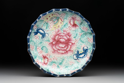A rare Chinese enamelled Yixing stoneware nine-piece 'peonies' sweetmeat set, 19th C.