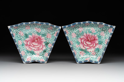 A rare Chinese enamelled Yixing stoneware nine-piece 'peonies' sweetmeat set, 19th C.