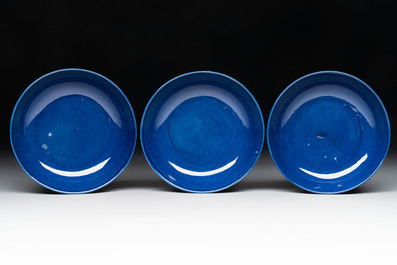A set of six Chinese sacrificial blue-glazed saucers, Guangxu mark and of the period
