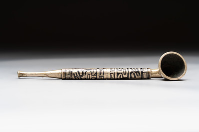 Two Chinese enamelled paktong opium pipes, an opium lamp and a cloisonn&eacute; opium lamp, 19/20th C.