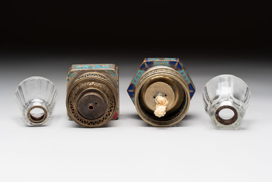Two Chinese enamelled paktong opium pipes, an opium lamp and a cloisonn&eacute; opium lamp, 19/20th C.