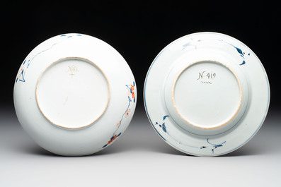 A Chinese Imari-style plate and a blue and white plate with floral design, Johanneum marks, ex-collection of August the Strong, Kangxi/Yongzheng
