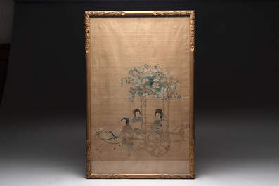 Four Chinese school paintings: &lsquo;Zhou Dunyi 周敦頤&rsquo;, &lsquo;Magu&rsquo;, and &lsquo;Ladies in a Garden&rsquo;, ink and colour on silk, 19/20th C.
