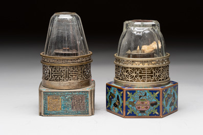Two Chinese enamelled paktong opium pipes, an opium lamp and a cloisonn&eacute; opium lamp, 19/20th C.
