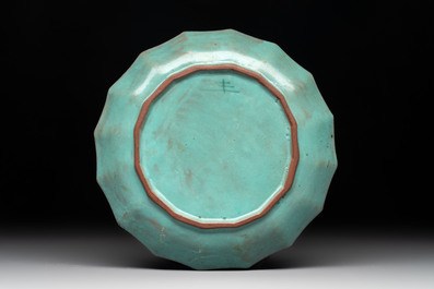A rare Chinese enamelled Yixing stoneware nine-piece 'peonies' sweetmeat set, 19th C.
