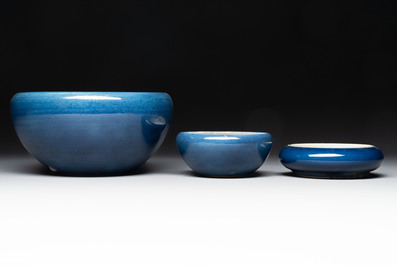 Four Chinese sacrificial blue-glazed wares, Qianlong mark, 18/19th C.