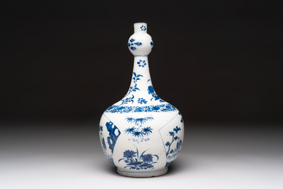 A blue and white Dutch Delft chinoiserie Transitional-style bottle vase, 18th C.