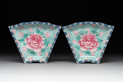 A rare Chinese enamelled Yixing stoneware nine-piece 'peonies' sweetmeat set, 19th C.