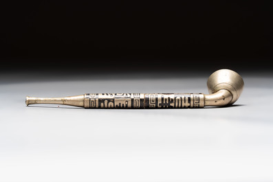 Two Chinese enamelled paktong opium pipes, an opium lamp and a cloisonn&eacute; opium lamp, 19/20th C.