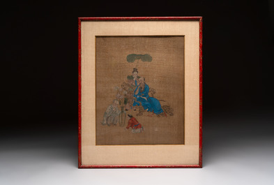 Four Chinese school paintings: &lsquo;Zhou Dunyi 周敦頤&rsquo;, &lsquo;Magu&rsquo;, and &lsquo;Ladies in a Garden&rsquo;, ink and colour on silk, 19/20th C.