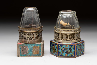 Two Chinese enamelled paktong opium pipes, an opium lamp and a cloisonn&eacute; opium lamp, 19/20th C.