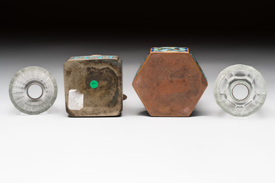Two Chinese enamelled paktong opium pipes, an opium lamp and a cloisonn&eacute; opium lamp, 19/20th C.