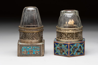 Two Chinese enamelled paktong opium pipes, an opium lamp and a cloisonn&eacute; opium lamp, 19/20th C.