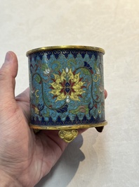 A Chinese cloisonn&eacute; cylindrical tripod censer with lotus scrolls, Qianlong mark and of the period