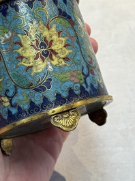 A Chinese cloisonn&eacute; cylindrical tripod censer with lotus scrolls, Qianlong mark and of the period