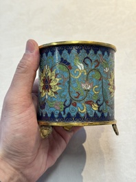 A Chinese cloisonn&eacute; cylindrical tripod censer with lotus scrolls, Qianlong mark and of the period