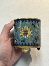A Chinese cloisonn&eacute; cylindrical tripod censer with lotus scrolls, Qianlong mark and of the period