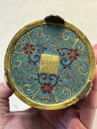 A Chinese cloisonn&eacute; cylindrical tripod censer with lotus scrolls, Qianlong mark and of the period