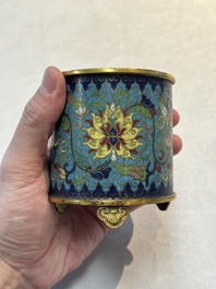 A Chinese cloisonn&eacute; cylindrical tripod censer with lotus scrolls, Qianlong mark and of the period
