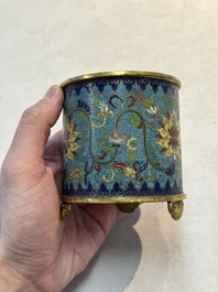 A Chinese cloisonn&eacute; cylindrical tripod censer with lotus scrolls, Qianlong mark and of the period