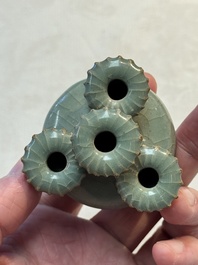 A rare Chinese Longquan celadon quadruple-neck incense holder, Southern Song