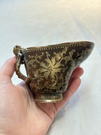 A Chinese gilt-decorated brown-glazed libation cup with a chilong-form handle, Qianlong mark and of the period