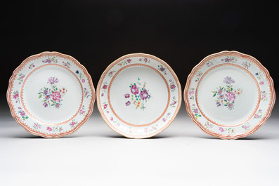A set of nine Chinese famille rose Lowestoft-style plates, Qianlong