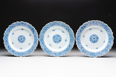 Three blue and white Dutch Delft strawberry strainers on stands, 18th C.
