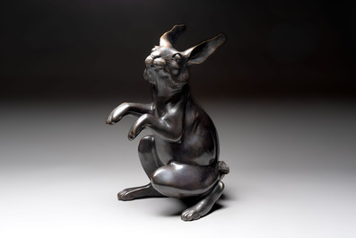 A large Japanese bronze sculpture of a sitting hare, 20th C.