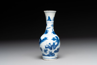 A small Chinese blue and white bottle vase with narrative design, Transitional period