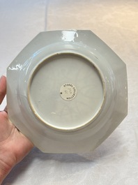 A pair of Chinese famille rose ruby-ground octagonal plates with floral design, Yongzheng