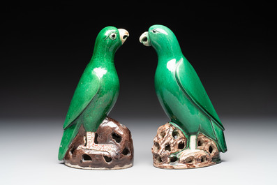 A pair of Chinese verte biscuit models of parrots, Kangxi