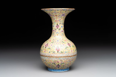 A Chinese famille rose 'flower scroll' vase-shaped box and cover, Qianlong mark, 19th C.