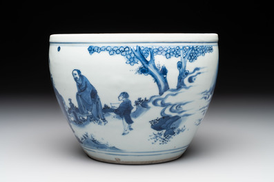 A Chinese blue and white 'Wen Wang Fang Xian 文王訪賢' scroll pot, Transitional period