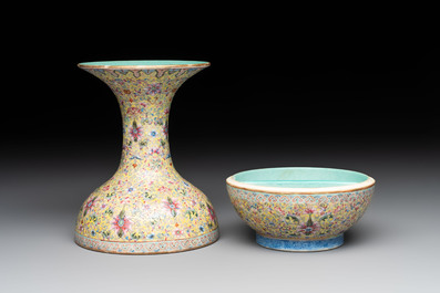 A Chinese famille rose 'flower scroll' vase-shaped box and cover, Qianlong mark, 19th C.