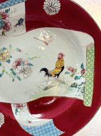 A pair of Chinese famille rose ruby-ground 'scrolls and rooster' plates, Yongzheng