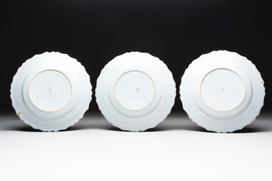 Three blue and white Dutch Delft strawberry strainers on stands, 18th C.