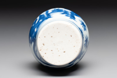A small Chinese blue and white bottle vase with narrative design, Transitional period