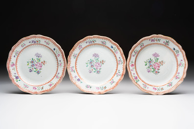 A set of nine Chinese famille rose Lowestoft-style plates, Qianlong