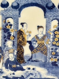 A rare Chinese blue and white 'arbour' dish after Cornelis Pronk, Qianlong, ca. 1740
