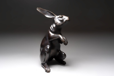 A large Japanese bronze sculpture of a sitting hare, 20th C.
