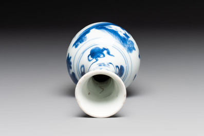 A small Chinese blue and white bottle vase with narrative design, Transitional period