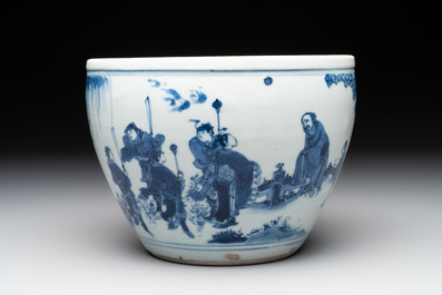 A Chinese blue and white 'Wen Wang Fang Xian 文王訪賢' scroll pot, Transitional period